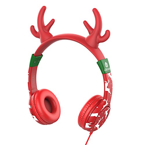 iClever Kids Headphones for Christmas, Wired On-Ear Headsets with Removable Deer Horn, 85dB Volume Limited, Food Grade Silicone, 3.5mm Audio Jack, Children headphones for Tablets/Phones/Laptop