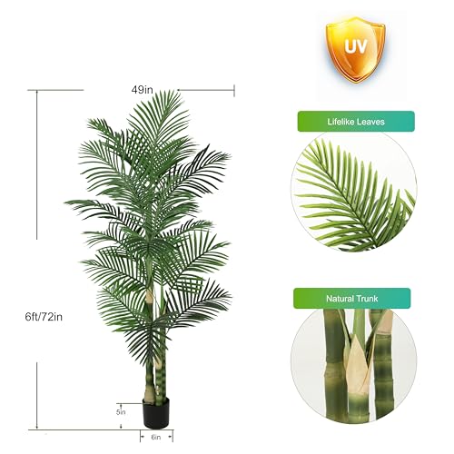 Image of Nafresh 6ft Ultra-Full UV Resistant Fake Golden Cane Palm Tree with Triple Trunks, 72in Tall Artificial Palm Tree Indoor Outdoor, Faux Palm Plant for Living Room Home Office Patio Garden Decor