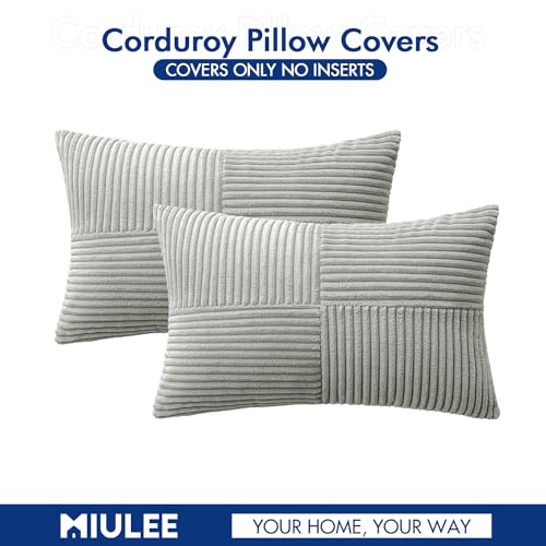 Image of MIULEE Silver Grey Decorative Lumbar Throw Pillow Covers 12x20 Inch for Couch Bed Sofa Pack of 2 Boho Farmhouse Throw Pillows Soft Cross Corduroy Patchwork Textured Cushion Cases