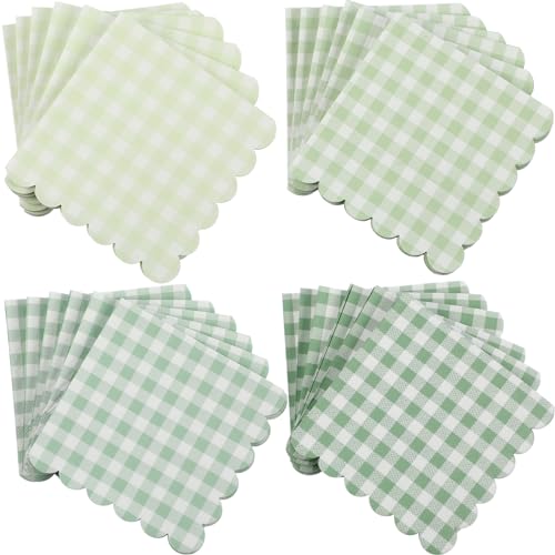 Dinifee 240 Pcs Gingham Cocktail Napkins 5x5 Scalloped, Sage Green