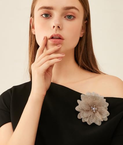 Image of Rhinestones Flower Fabric Big Brooches Lapel Pins for Women Elegant Organza Floral Brooch Pin for Dresses Suit Wedding Banquet Clothes Accessories Fashion Jewelry 130mm
