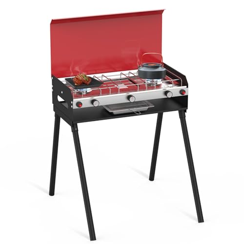 CAMPLUX 2 Burners & 1 Grill Propane Camping Stove, 15,000 BTU Portable Outdoor Propane Camping Grill Burner with Free Standing Legs, Auto-Ignition Gas Stove with Regulator, Red