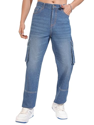 Image of Highlander Men's Relaxed-Fit Cargo Pocket Jeans | Clean Look | Cotton Comfort | Utility Style| Cargo Jeans for Man