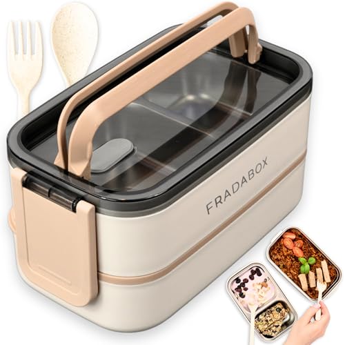 FRADABOX® Bento Lunchbox „Taylor“, 2 Etagen mit Fächern, Premium Edelstahl, BPA-freie Brotdose mit Besteck ideal für unterwegs, Meal Prep Bento Box für Erwachsene auslaufsicher und mikrowellengeeignet