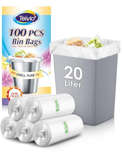 Teivio 20 Liter 100 Counts Strong Pedal Bin Liners Trash Can Bags fit 4.5-5 Gal Garbage Bags Bathroom Waste Bin Liners Small Plastic Bags for home office kitchen Clear