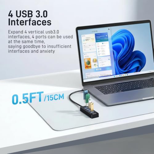 Image of USB Hub 4 Ports, Multiple USB 3.0 Hub, USB-A Splitter for Laptop with Type-C Power Port, Extender for A Port Laptop, PC Desktop and More(0.5ft)