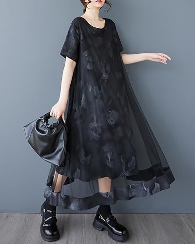 ellazhu Women's Dress Crewneck Short Sleeve Floral Printing Tulle Patchwork Flowy Hem GZ5134