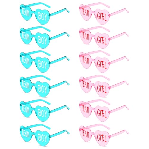 12 Pcs Gender Reveal Glasses Heart Shaped Sunglasses Frameless Team Girl/Boy Decor for Baby Shower Party