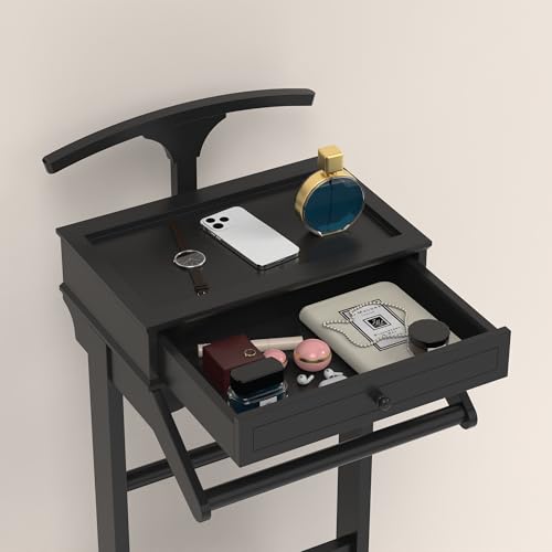 Image of Men's Valet Stand with Tray, Black Wood Clothes Stand, Freestanding Garment Rack Organizer for Enterway, Office, Bedroom