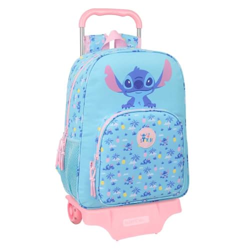 SAFTA | Mochila Escolar Grande con Ruedas Stitch Waves Compact Evolution Extraíble, Carro 905 85 cm Alto, Ergonómica y Acolchada, Bolsillos Portabotellas, Cremallera Doble Tirador, Medidas 33x14x42 cm