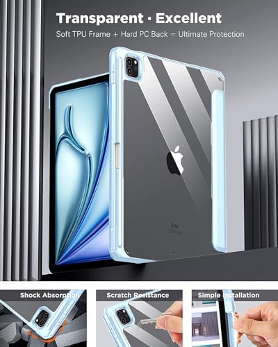 Image of Robustrion for iPad Air 13 inch Cover Case /for iPad Pro 12.9 inch with [Pencil Holder] [Transparent Back] Hybrid Case Cover for iPad Air 13 inch 2024 [Auto Sleep Wake Support] - Light Blue