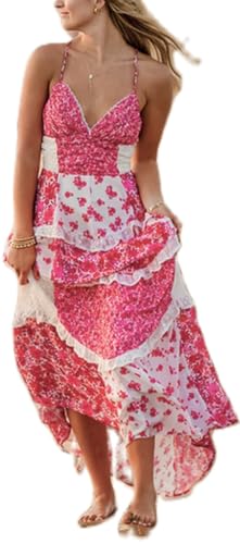 Image of Women Y2k Floral Smocked Maxi Dress Bow Tie Shoulder Tiered Ruffle Midi Sun Dress Boho Casual Beach Long Dresses