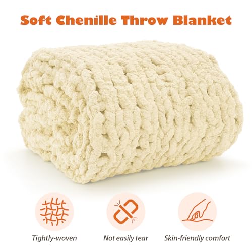 Chunky Knit Blanket Throw, 50x60inch Soft Chenille Yarn Throw, Handmade Warm Thick Cable Knit Crochet Blanket, Large Rope Knot Throw Blanket for Couch Bed Sofa,Beige - Image 3