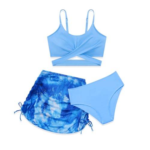 Miyanuby Girls Swimsuits 3 Piece Bathing Suit Plain Criss Cross Bikini Set with Cover Up Skirt Beach Swimwear 9-16 Years Blue