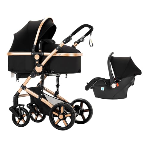 Reenborn Kinderwagen 3 in 1, Buggy mit Zwei Umkehrbaren Schiebemodi, Kinderwagen mit Rahmen Aluminiumlegierung, Babywagen 3 in 1 Komplettset mit Ein-Klick-Faltdesign Hohe Landschaft (588 Black Gold)