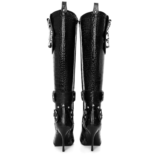 Knee High Crocodile Boots for Women Pointed Toe Slim Calf Sexy Stiletto High Heel Long Tall Boots with Slide Zipper Buckle Rivets4