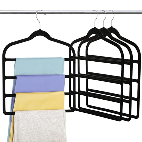 KJLEEN 4 Pack Trouser Hangers Space Saving Black Velvet Trouser Hangers Non-Slip Pants Hanger Jeans Hangers Multi Bar Clothes Hanger Closet Organizers Storage for Ties Belts Scarf Towel Pants