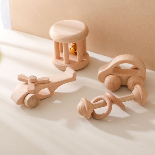 Image of Wooden Baby Rattle Set - Montessori Grip Toy for Newborns, Natural Wood Gift Set of 3
