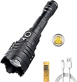 【Pantalla de energía y recargable por USB】 La linterna LED viene con una batería recargable de 5000mAh 21700 y un cable USB. La carga es muy conveniente mediante banco de energía, cargador, computadora portátil y automóvil. También puede cargar su teléfono. Indicador de encendido LED en el interruptor, puede conocer el estado de la batería restante