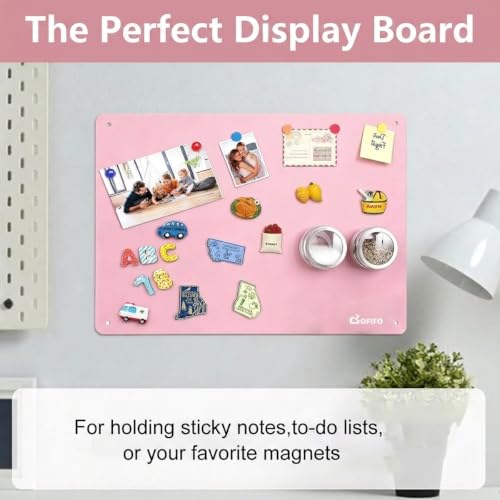 Image of Stainless Steel Magnetic Board 15.7 x 11.8 Inches, Wall Mounted Magnet Memo & Bulletin Organizer for Notes, Photos, Recipes, Kitchen Home Office Decor (Pink)