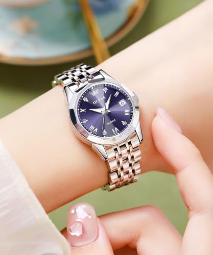 Image of OLEVS Women Watch Silver Stainless Steel Two Tone Fashion Ladies Analog Quartz Waterproof Luminous Date Day Wrist Watches