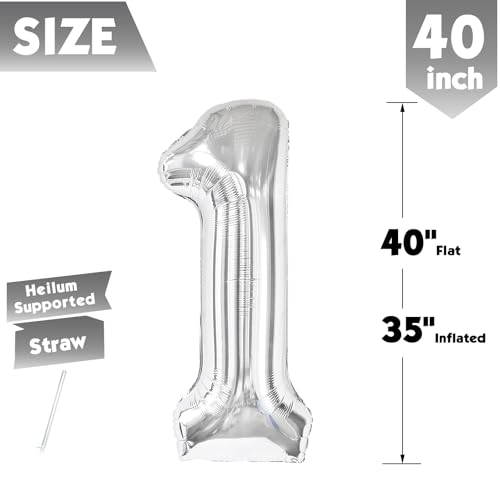 Image of 40 Inch Silver Number 1 Balloon Birthday Party Decorations for Men & Women