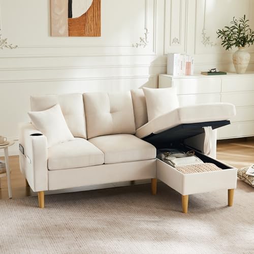 Lubvtti Sofá cheslong Moderno con Espacio de Almacenamiento,sofá 3 plazas con portavasos Integrado y 2 Cojines, sofá esquinero en L Apto para salón, apartamento, algodón Lino