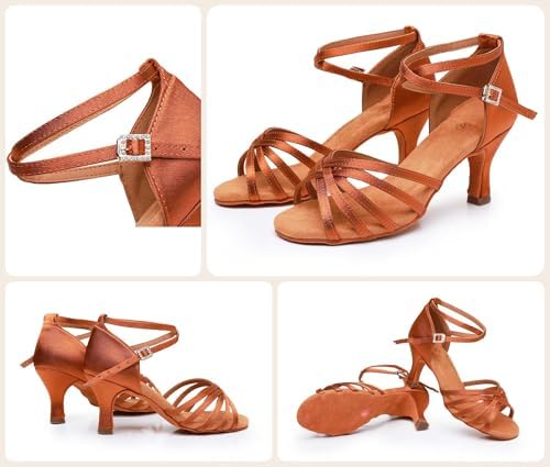 Rosefinch Latin Dance Shoes for Womens Satin Ballroom Salsa Practice Performance Wedding Dancing Shoes High Heels Dancing Shoes for Girls Ladies 7cm Brown 37 - 4