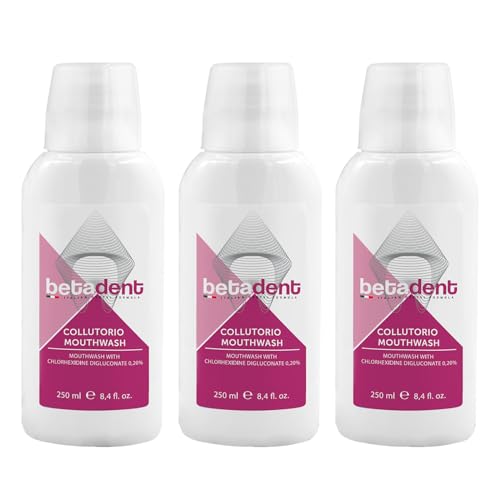 Betadent KIT 3 COLLUTORIO CON CLOREXIDINA 0,20%. Contrasta placca, carie, gengiviti. Ideale in caso di gengive irritate e infiammate e in seguito a trattamenti odontoiatrici chirurgici. 3x250ml