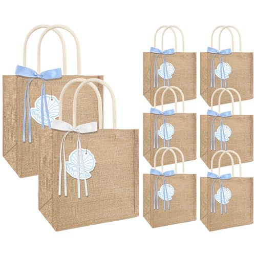 JarThenaAMCS 8 Pack Last Toast on the Coast Tote Bags with Handle 2 Design Bachelorette Party Favor Bags with Blue Ribbon Bow Grocery Shopping Gift Bag for Summer Coastal Beach Bach Party