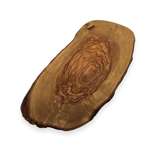 Servierbrett rustikal 'Rustico' - Handgefertigt aus Olivenholz, Länge 38 bis 40 cm, Vielseitiges Schneidebrett, Frühstücksbrett, Brotzeitbrett