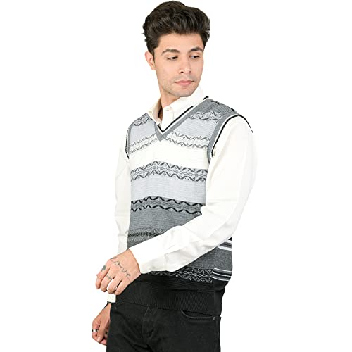 Image of Men Woolen V-Neck Printed Design Sleeveless Pullover Heavy Rainbow Fabric Winter Wear Pure Wool Cardigan Regular Coaty Fully Warm Heavy Pullover Cardigans Free Sizes