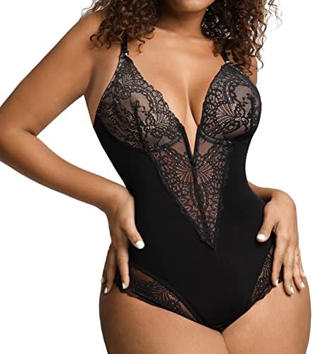 Popilush Lace Shapewear Bodysuit Women Tummy Control Backless Tank Tops V Neck Body Suit Thongs