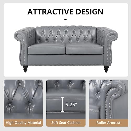 Image of QHITTY Accent Sofa, Chesterfield Loveseat Modern Leather Couch Upholstered Sofa with Tufted Back for Living Room Furniture (Grey)