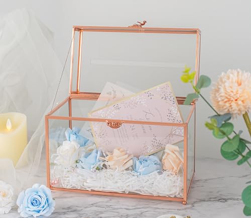 Jajamy Glass Wedding Card Box with Slot, 10.2 inch Large Clear Card Box for Wedding Receptions, Rose Gold Gift Card Storage Box for Baby Shower, Birthday Party, Bridal Shower by Jajamy - Used condition - Image 3