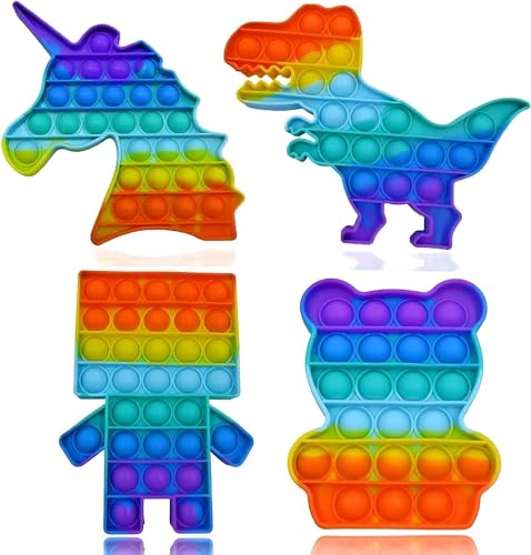 RANZAH Zappelspielzeug mit Einhorn, Roboter, Dinosaurier, Bär, 4er-Multipack-Set, sensorisches Quetschspielzeug mit Pop-Bubbles für Kinder, Jugendliche und Erwachsene, Stressabbau für Autisten und Men