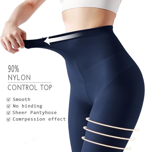 Image of 2 Pairs 40D tights for women tummy control, Control Top Microfiber Pantyhose for women (navy blue,M)