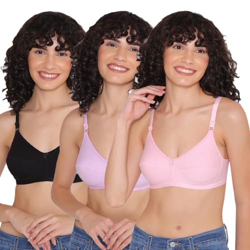 Image of INKURV Cotton Hosiery Bra for Women's Daily use, Full Coverage Bra for Regular wear, Non Padded, Non Wired Everyday Bra with Rich Cotton-Zoe Combo of 3