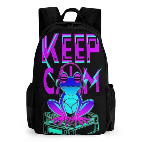 Hippie Frog Keep Calm Art Backpack Polyester Multipurpose Anti-Theft Shoulder Bag Big Capacity Gym Outdoor Hiking Backpack With Padded Straps