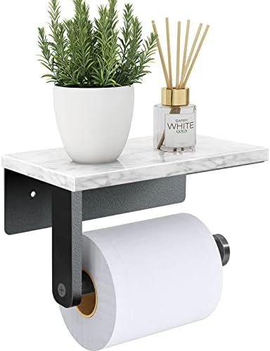 Gypie Marble Toilet Paper Holder with Shelf, 304 Stainless Steel Screw Wall Mounted, Tissue Roll Holder for Bathroom Washroom Matte Black