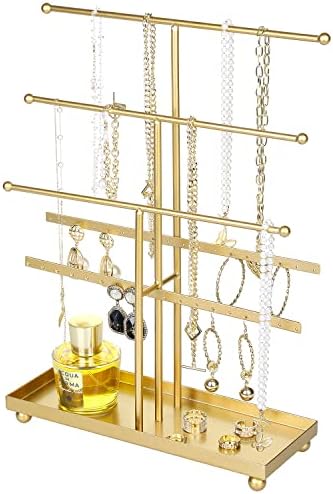 MyGift 5-Tier Gold Tabletop Metal Jewelry Necklace, Bracelet, Earring, Organizer with Ring Tray