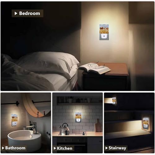 Image of LED Night Light,Yellow White Cow Watercolor Painting LED Night Light Plug into Wall with Dusk to Dawn Light Sensor White Energy Efficient Nightlight for Bedroom Hallway Living Room Kitchen