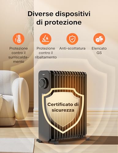 PELONIS Radiador de baño de aceite de 13 elementos 2500W, Calefactor eléctrico móvil, Termostato ajustable, Radiador de aceite de ahorro de energía, 3 niveles de calor, Características de seguridad - imagen 6