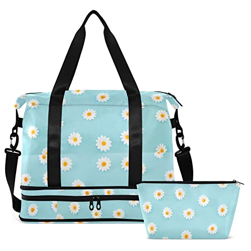 Daisies Blue Gym Bag For Women Men Large Travel Duffel Bag Waterproof Weekender Overnight Bag With Shoe Compartment Wet Pocket For Travel Gym Yoga School Swimming Dance #TOP1