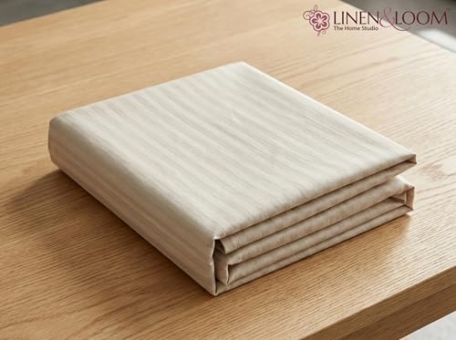 Image of Linen & Loom Elegance Series (90x100 Inches) Premium Satin Stripe Bedsheet Set with Pillow Covers | Soft Cotton Blend | Elegant Hotel Style Bedding || 200 TC (Beige)