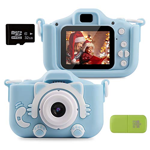 Kids Digital Camera for Age 3-10 Years Old Boys Girls, Update Dual Cameras 20.0MP Toddler 1080P Video Recorder IPS 2" Screen with 32G SD Card, Cat Soft Silicone Case (Blue)