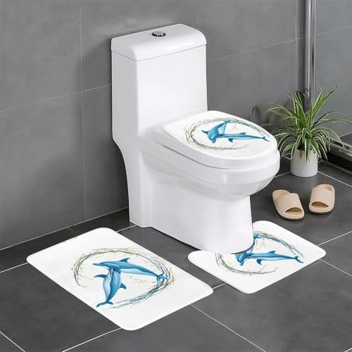 Set di 3 tappeti da bagno 61 x 40,6 cm YYHWHJDE delfini intrecciati in rami di salice, tappetini antiscivolo per WC, toeletta e copertura, facili da pulire