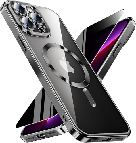 Image of Magnetic for iPhone 13 Pro Max Case with Privacy Screen Protector & Full Camera Cover,[Non-Yellowing] Plating Glossy Soft Shockproof Clear Phone Case Women Girls for 13 ProMax,Black