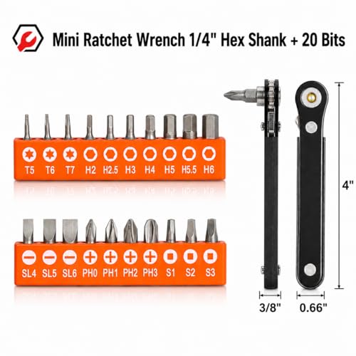 Image of Bates- Low Profile Right Angle Screwdriver with Drill Bits Set, 21 pcs, 1 /4 inch Mini Ratchet Screwdriver with Torx, Hex, Phillips, Flat and Square Bits for Tight Spaces