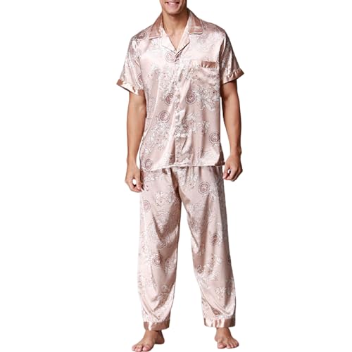 Genérico Conjunto de Pijama Masculino de Seda Helada con Diseño Primaveral para Descanso y (Beige, XXXL)